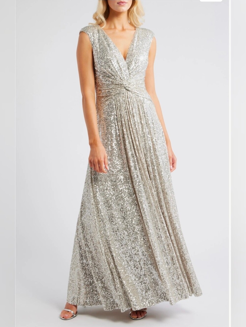 Eliza J Sequin Twist Front Gown Silver V-Neck Maxi Ball Gown Event Size 14W